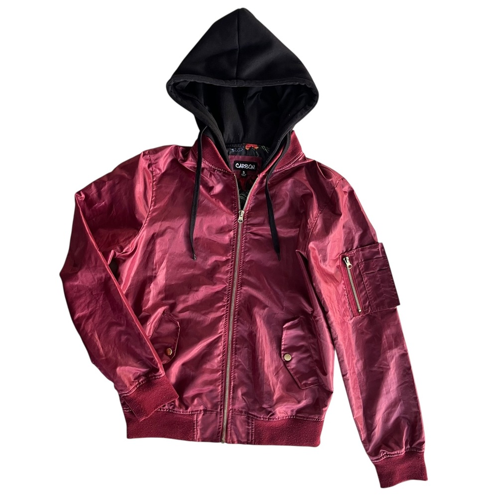 Carbon Women's S Burgundy Black Hooded Full Zip Pockets Bomber Jacket Streetwear